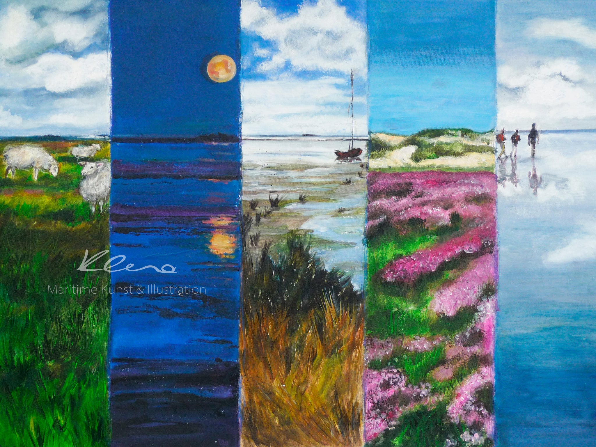 Fünf verschiedene Facetten eines Urlaubs an der Nordsee. Holen Sie sich ihren Urlaub an der Nordsee als Kunstdruck nach Hause. Künstlerin: Susanne Klena. 