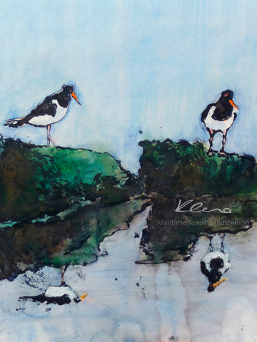 Geduldig warten die Vögel der Nordseeinseln auf Ihren nächsten Fang aus dem Wattenmeer der Nordsee. Das Bild zeichnet sich durch besondere Farbverläufe aus, welche durch die Verwendung von Aquarellfarben entsteht. Kunst von Susanne Klena.