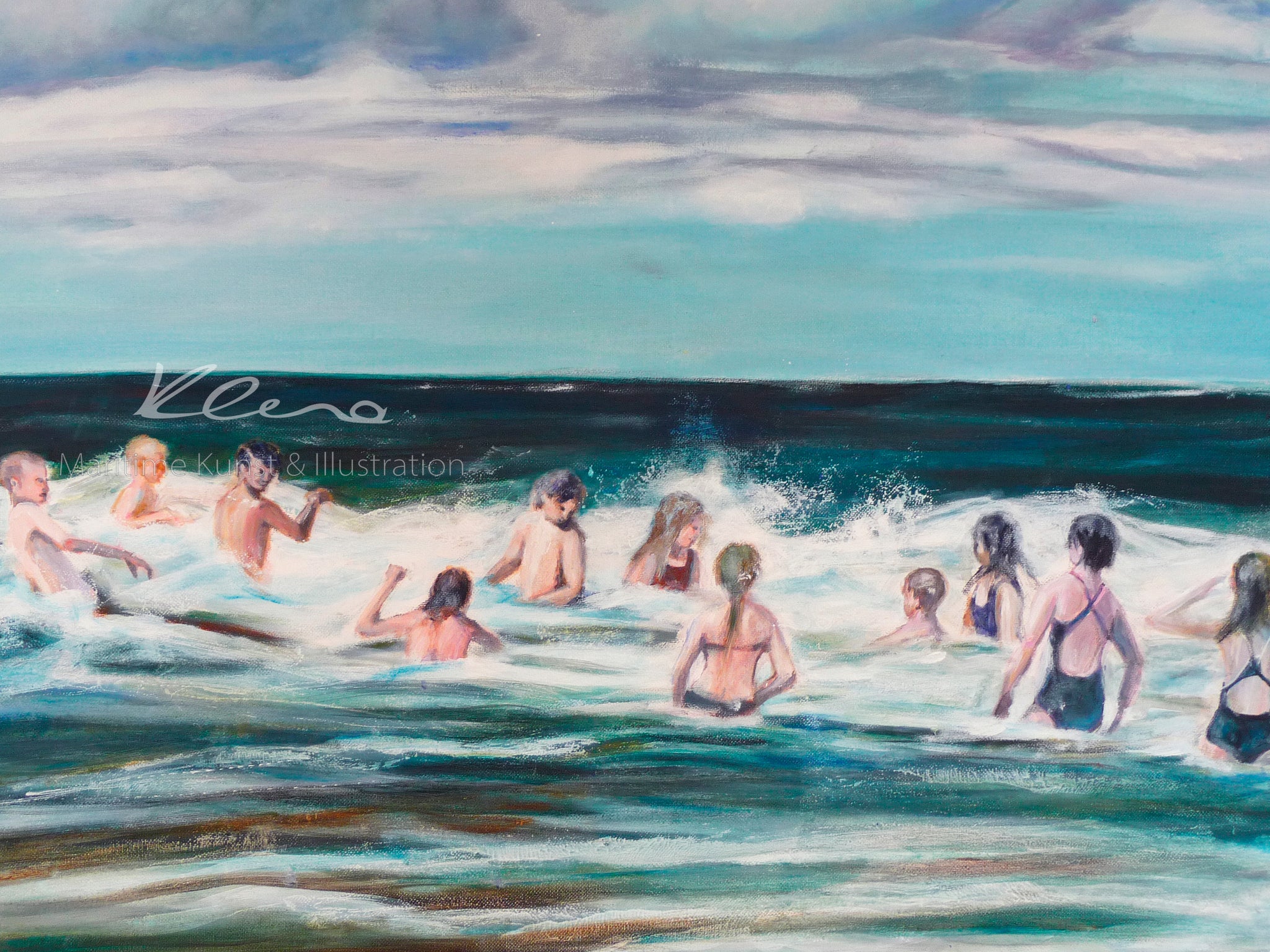 Das Baden in Nordsee und Ostsee ist ein riesengroßer Spaß. Eine Gruppe Kinder tobt im Wasser und genießt den Wellengang. "Badespaß" ist ein Motiv der Künstlerin Susanne Klena. Nordsee und Ostsee Kunst.