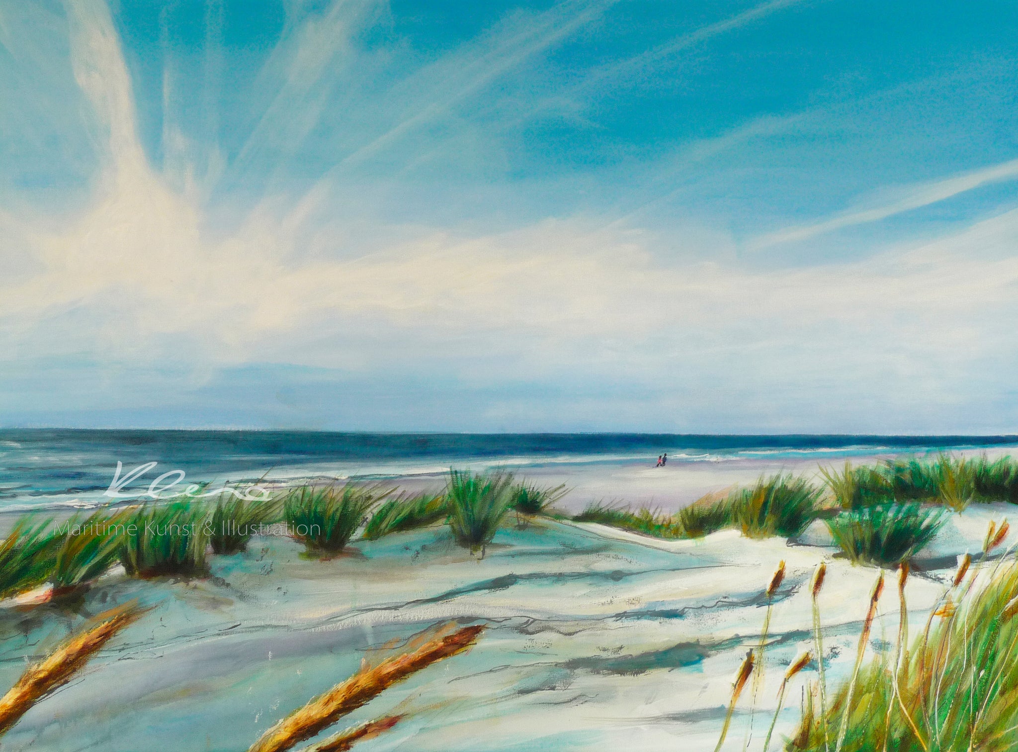 Dieses klassische Motiv in einer Acryltechnik zeigt eine Dünenlandschaft mit Blick auf das Meer und den Strand der Nordsee auf der Insel Amrum. Der Strand der Nordseeinsel ist bekannt für seine endlosen Weiten und seinen feinen Sand. Kunstdruck von Susanne Klena.