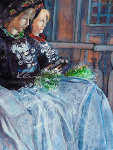 Diese zwei Friesinnen in traditioneller Tracht warten Gedanken versunken in der Kirche. Lassen Sie sich von Ostfriesland und Nordsee Motiven als hochwertige Leinwanddrucke begeistern. Kunstwerke von Susanne Klena.
