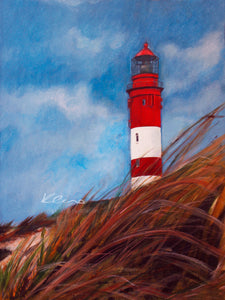 Ein Klassiker im Bereich der maritimen Malerei und ein Muss für die Liebhaber der See: Der Nordsee Leuchtturm. Dieses Bild zeigt in warmen Farben den Leuchtturm von Amrum. Nordsee Leuchtturm von Susanne Klena.