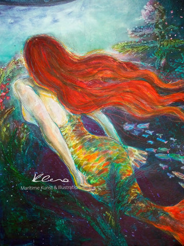 Das original Meerjungfrau Gemälde wurde in einer Aquarell-Mischtechnik gearbeitet. Holen Sie sich das märchenhafte Meerjungfrauen Gemälde von Susanne Klena nach Hause.
