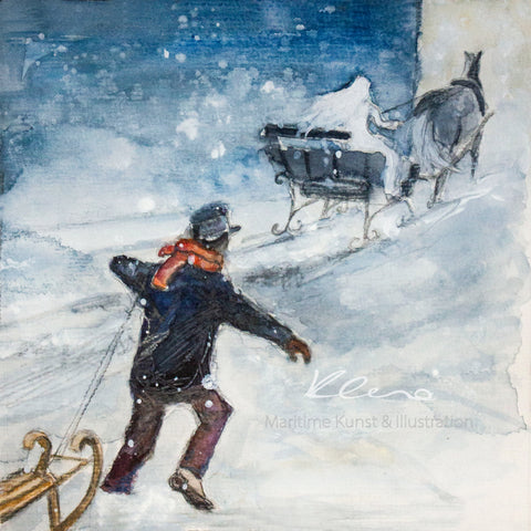 Das original Gemälde wurde in einer Aquarell-Mischtechnik gearbeitet und ist eine beliebte Märchen Illustration des zauberhaften Märchens "Die Schneekönigin". Kunst von Susanne Klena.