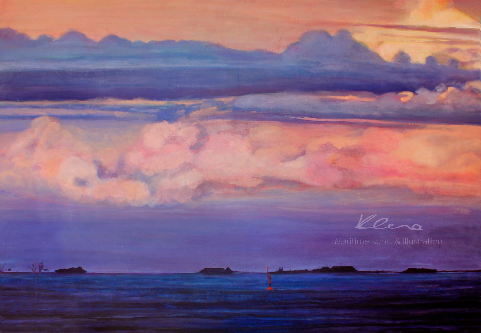 Das Gemälde zeigt in warmen Farben einen Sonnenuntergang der Nordsee. Sonnenuntergang Nordsee Kunstdruck von Susanne Klena.