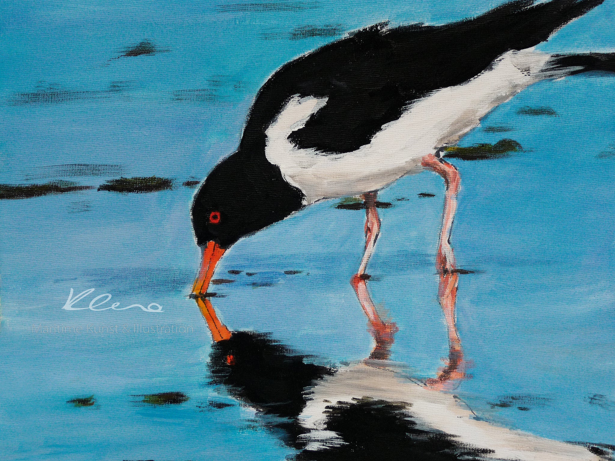 Vögel der Nordsee. Das Bild wurde in einer Acryltechnik angefertigt. Die Farben des Bildes strahlen und erinnern an einen schönen Tag am Meer. Die Austernfischer zählen zu den charakteristischen Vögeln der Nordsee. Künstlerin: Susanne Klena.